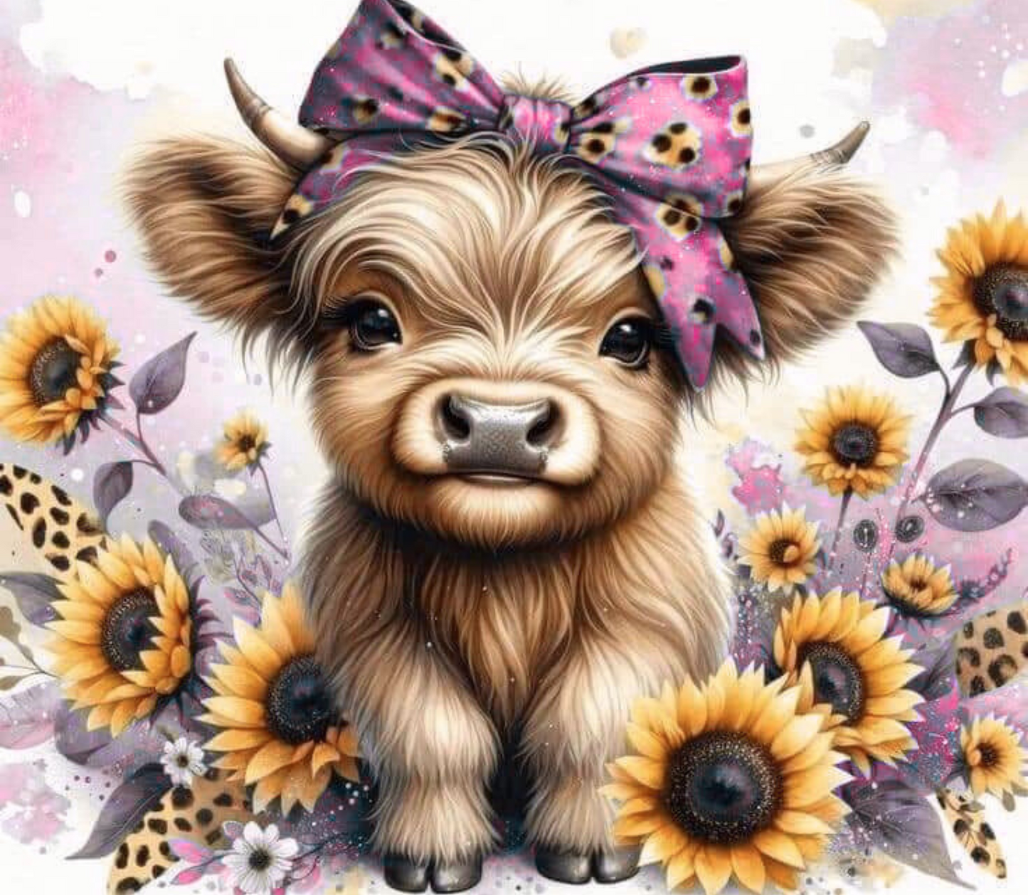 Baby highland cow with sunflowers