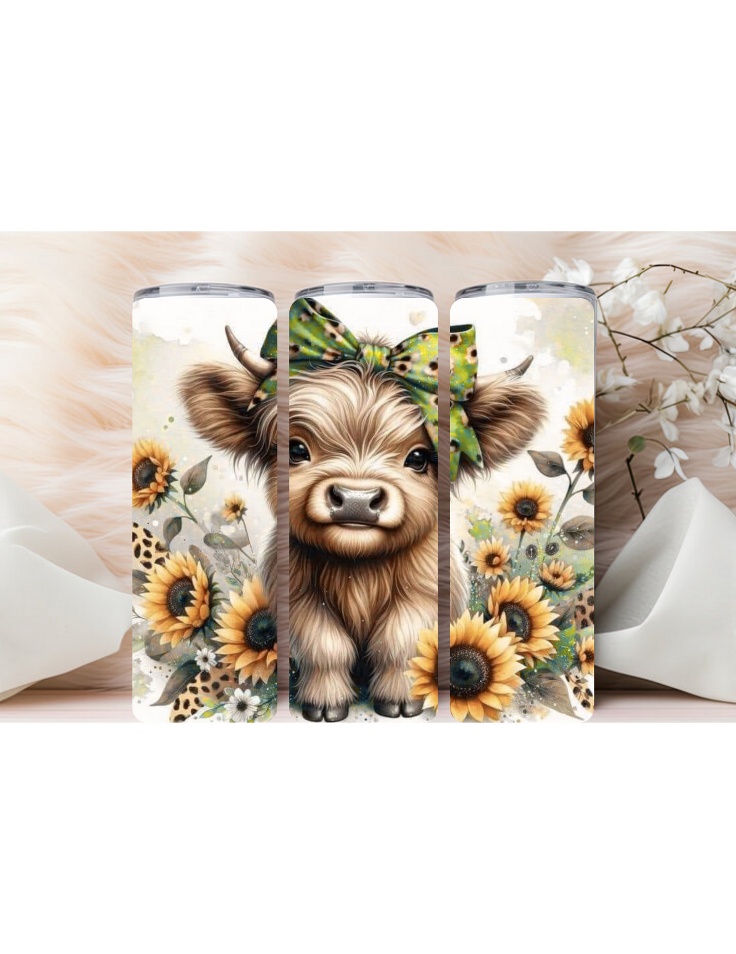 Baby highland cow with sunflowers
