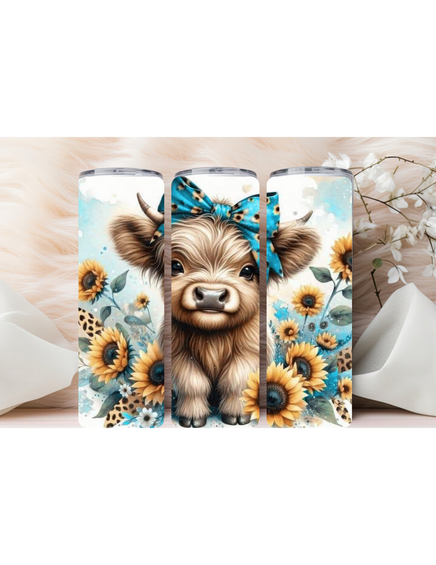Baby highland cow with sunflowers
