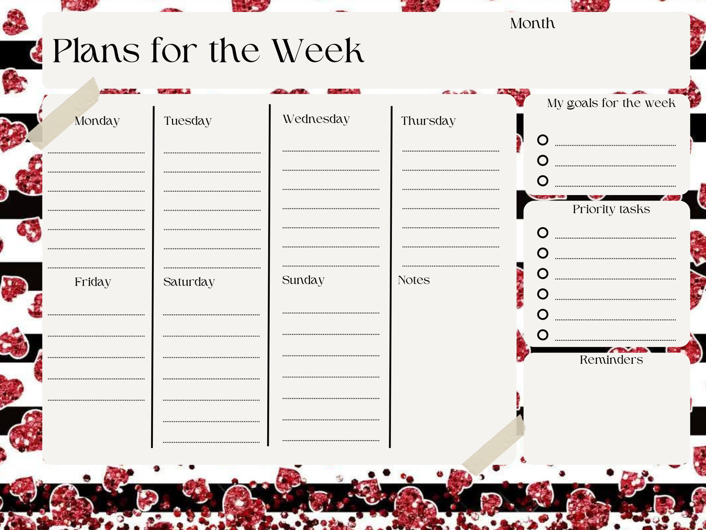 Hearts plans of the week planner
